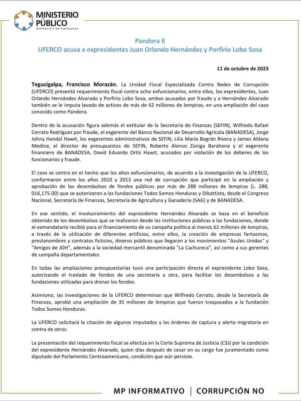 Acusan a expresidentes Juan Orlando Hernández y “Pepe” Lobo por caso “Pandora II”