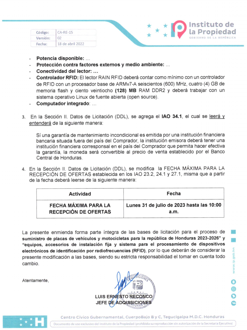 $!El IP realizó el primer cambio de fecha para recepción de ofertas dejando estipulado que sería el 31 de julio del 2023
