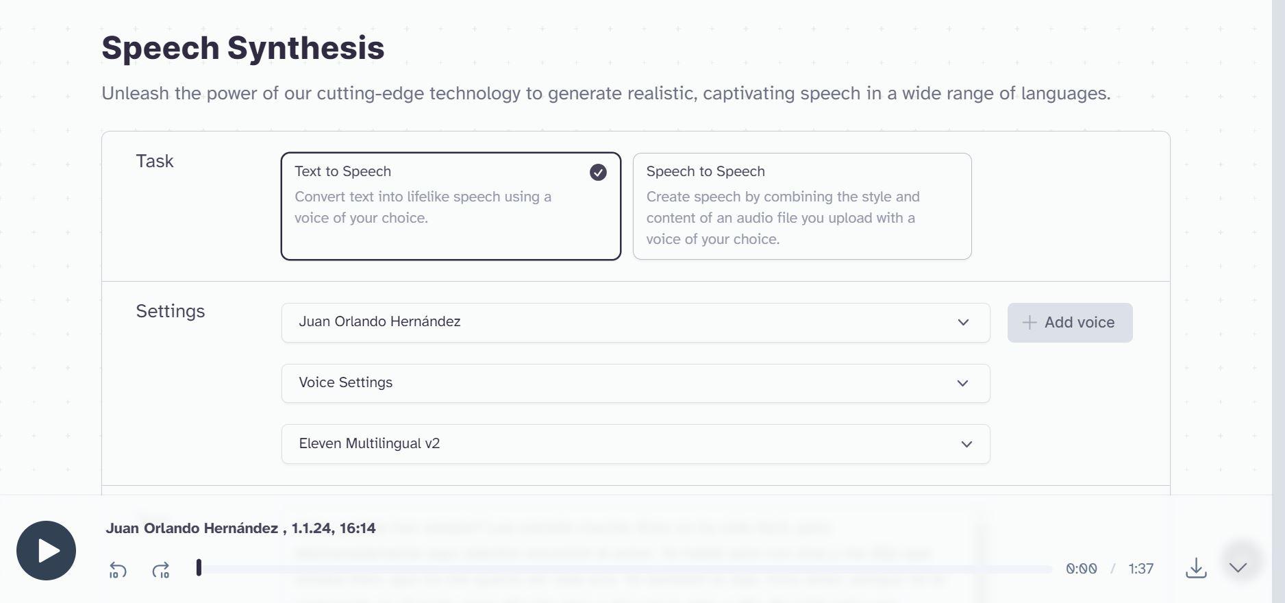$!Captura de pantalla hecha al resultado obtenido por Eleven Labs el 1 de enero de 2024.