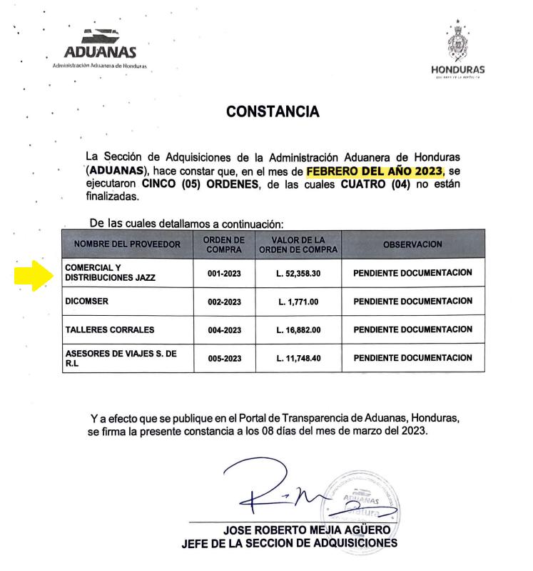 En esta constancia también se confirma que está pendiente la documentación del proceso de compra a Comercial y Distribuciones JAZ. $!En esta constancia también se confirma que está pendiente la documentación del proceso de compra a Comercial y Distribuciones JAZ.