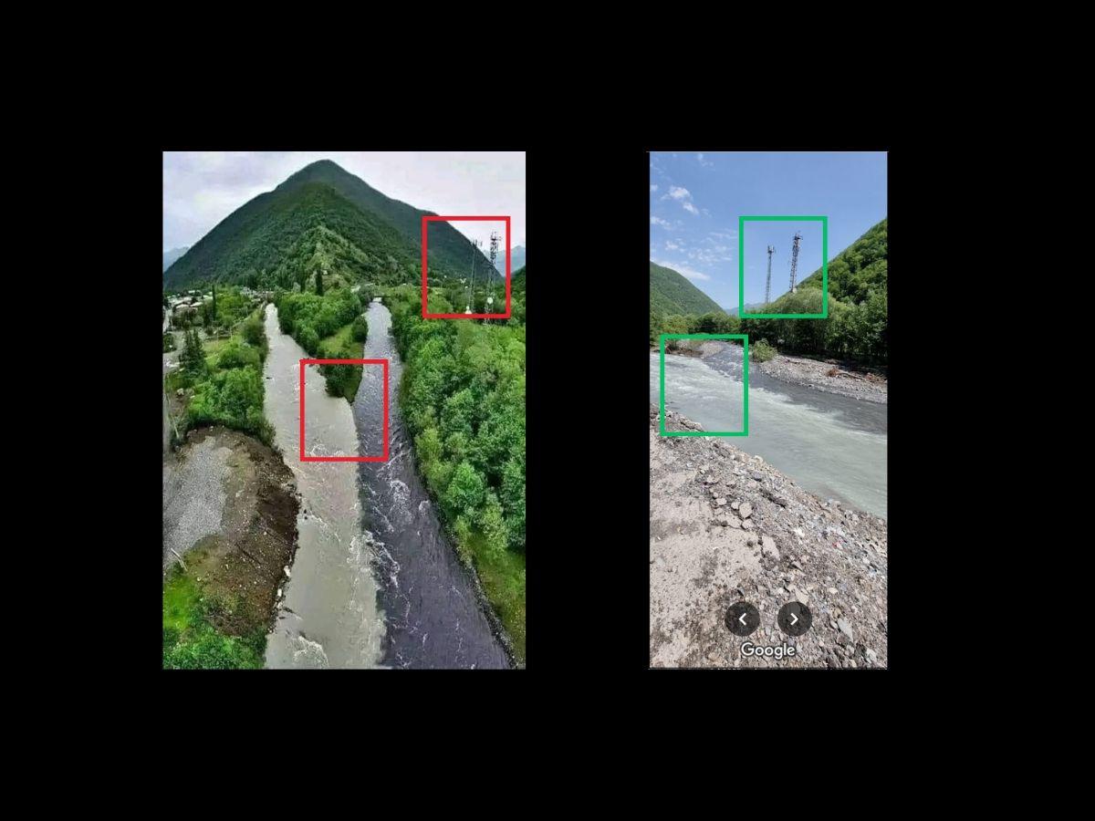 $!A la izquierda, la captura de pantalla a la imagen viral de Facebook y, a la derecha, un pantallazo al río Aragvi, en Google Maps.