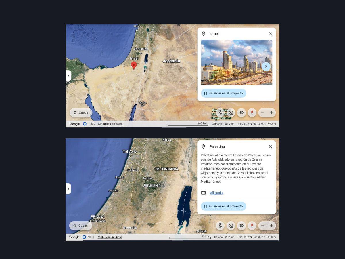 $!En la captura de pantalla de arriba, se encuentra el resultado de búsqueda de Israel y, abajo, un pantallazo al buscar Palestina.