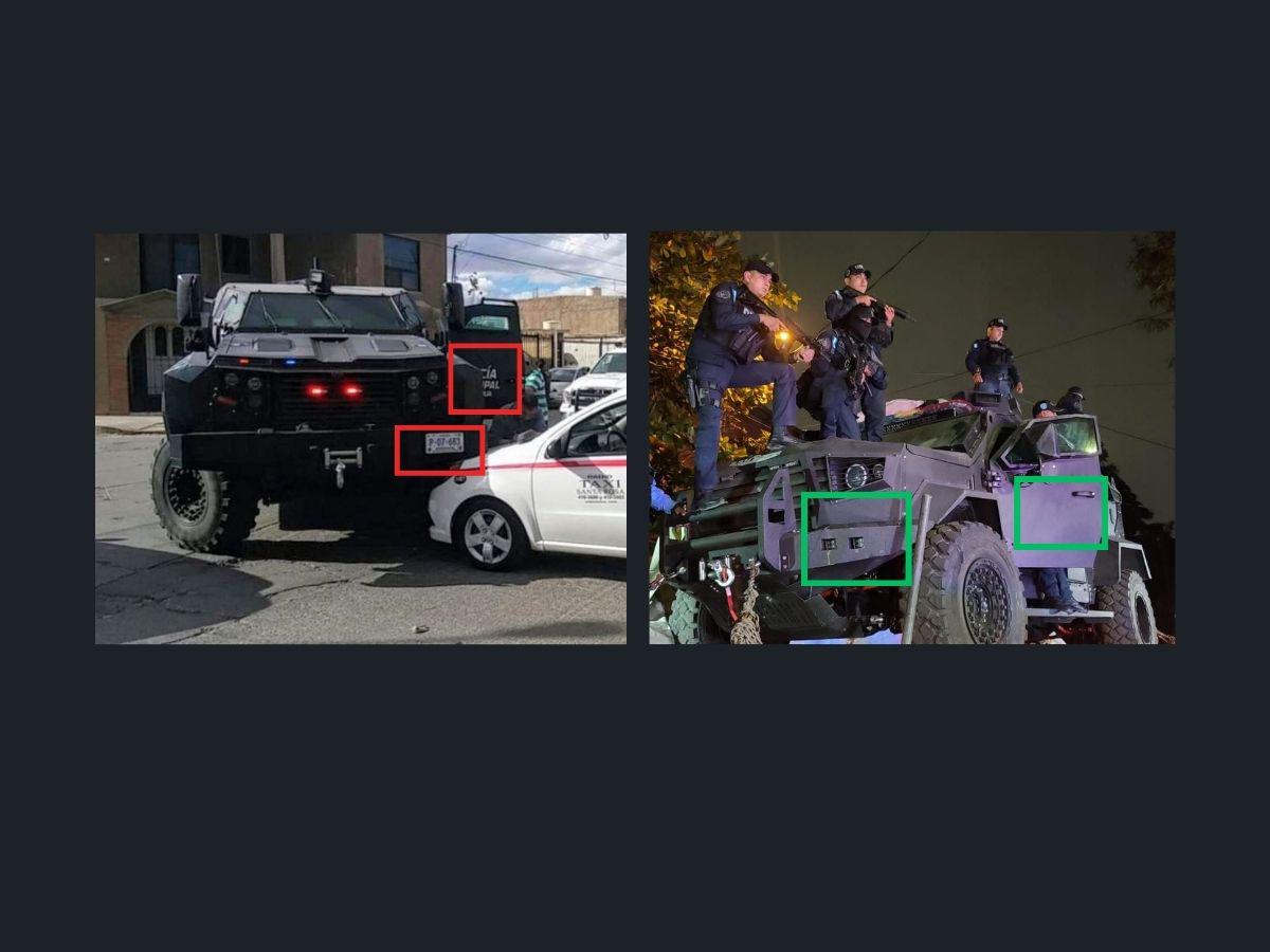 $!A la izquierda, la imagen que circula en WhatsApp y, a la derecha, una fotografía de uno de los vehículos de la Policía Nacional.