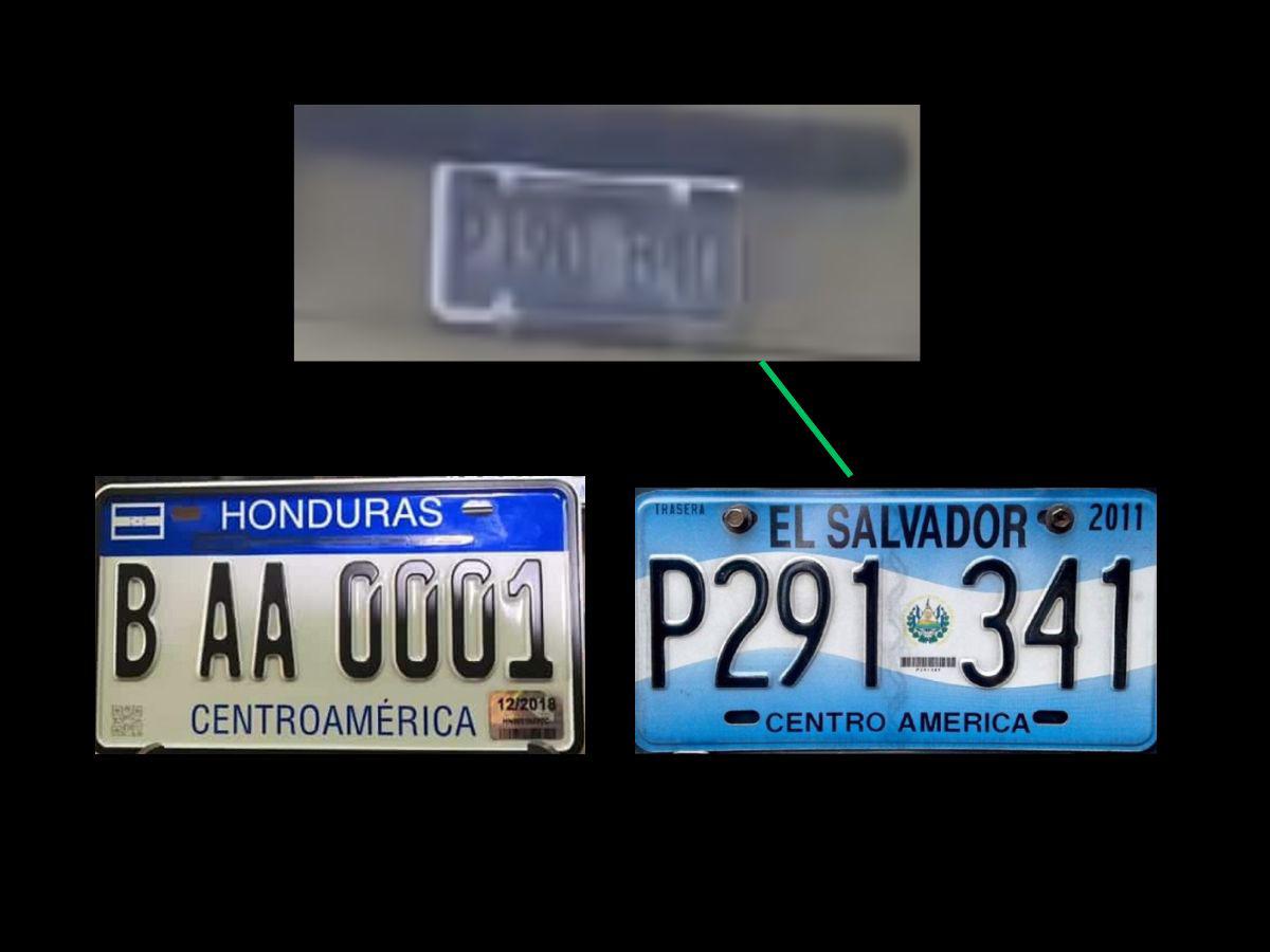 $!A la izquierda, la placa hondureña; a la derecha, la placa salvadoreña y, arriba, la placa del carro accidentado.