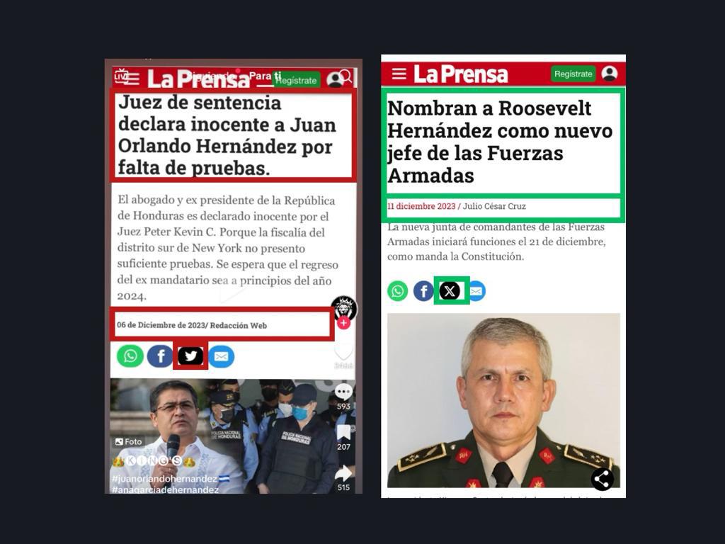 $!A la izquierda, la captura de pantalla a la imagen viral de TikTok y, a la derecha, un pantallazo al sitio oficial de diario La Prensa.