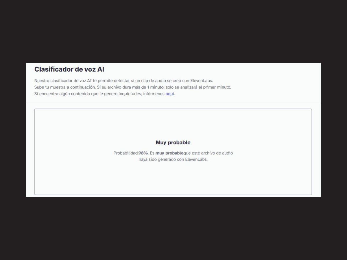 Captura de pantalla del resultado del audio falso en Eleven Labs realizada el 16 de enero de 2024. $!Captura de pantalla del resultado del audio falso en Eleven Labs realizada el 16 de enero de 2024.